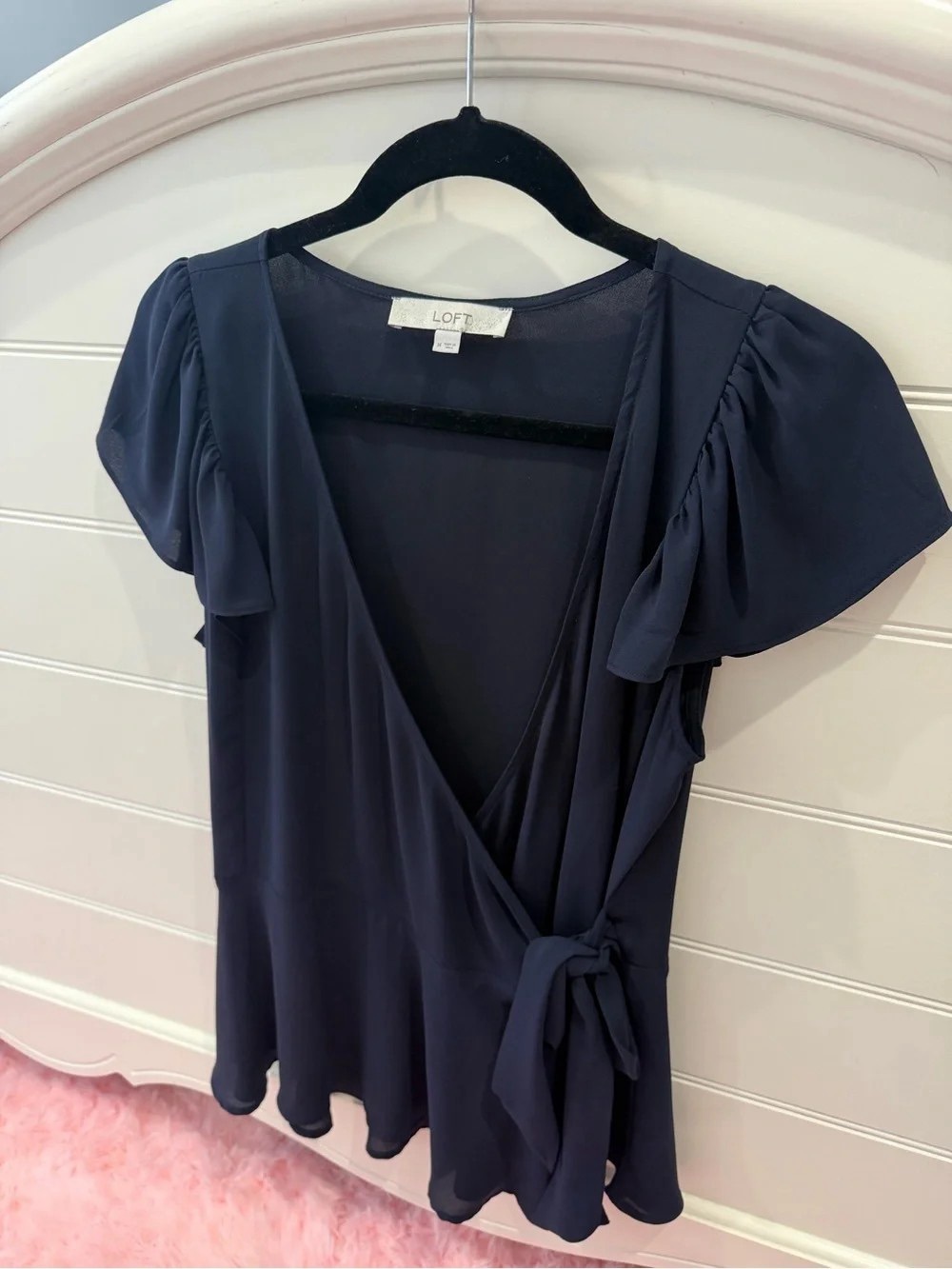 LOFT Navy Wrap Flutter Sleeve Top